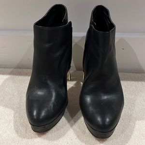 Vince Camuto- Black Gold Leather Dira Ankle Bootie Platform Stiletto Zipper